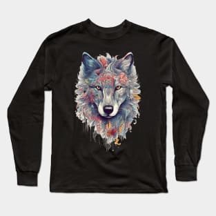 Colorful Wolf With Flowers Long Sleeve T-Shirt